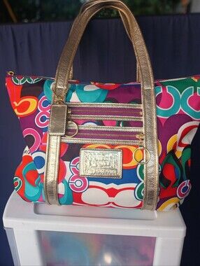 Vintage Coach Poppy Pop C Glam Tote 13839 Multicolor Gold